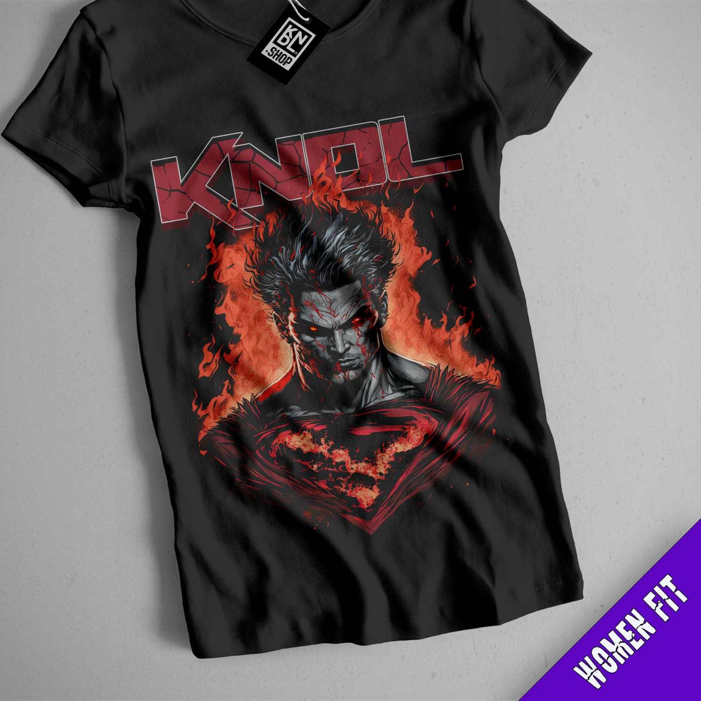 a black t - shirt with a picture of a man in flames