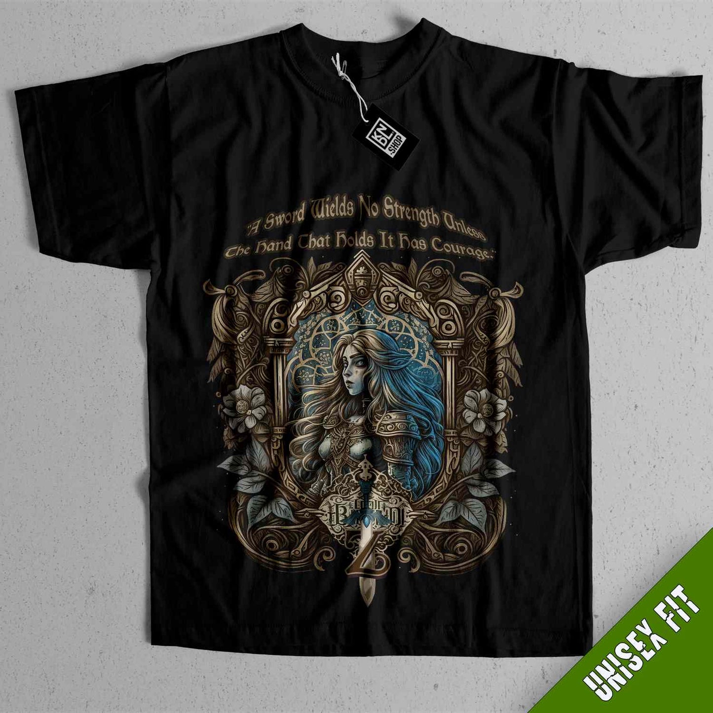 a black t - shirt with an image of a woman on it