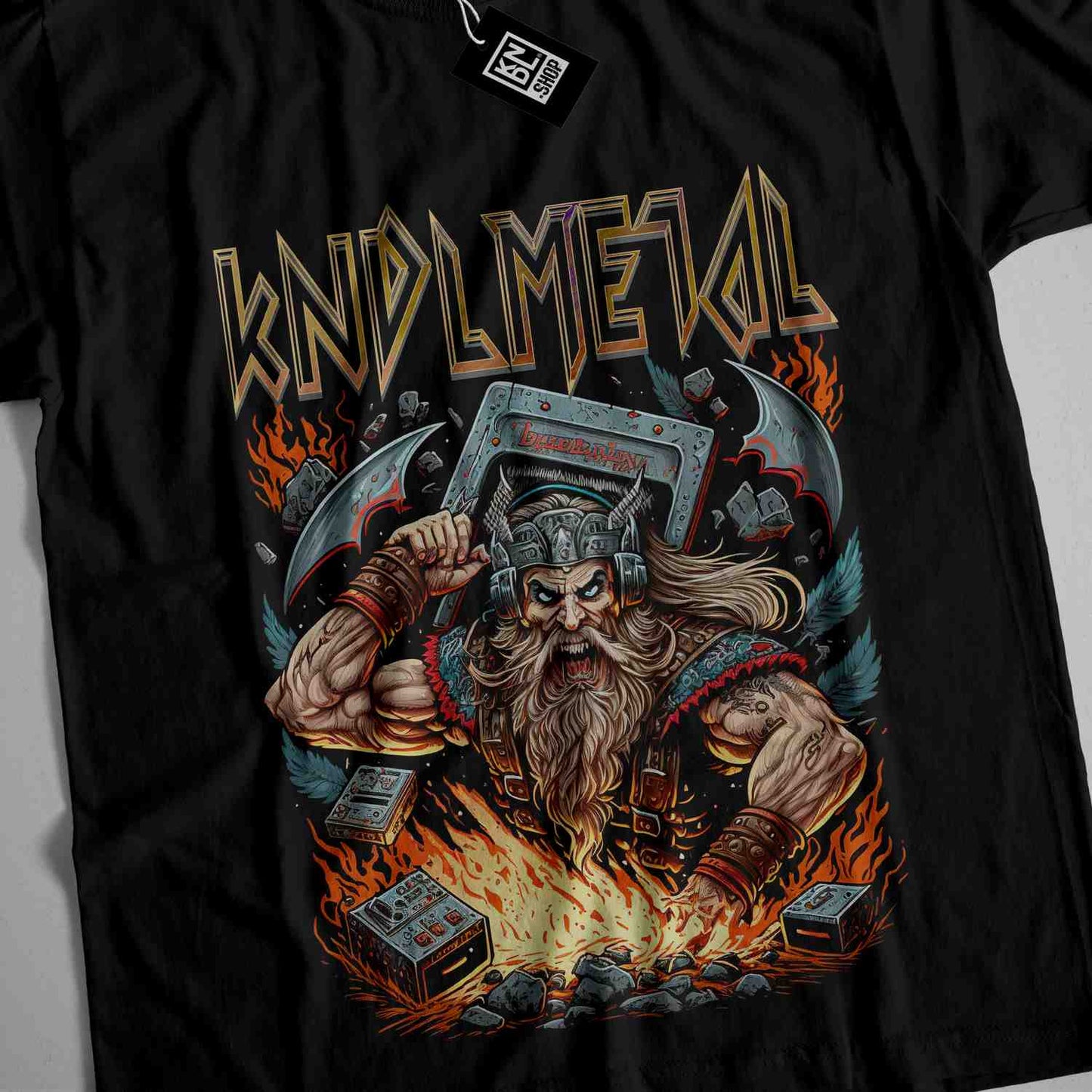 a black shirt with an image of a man holding a hammer