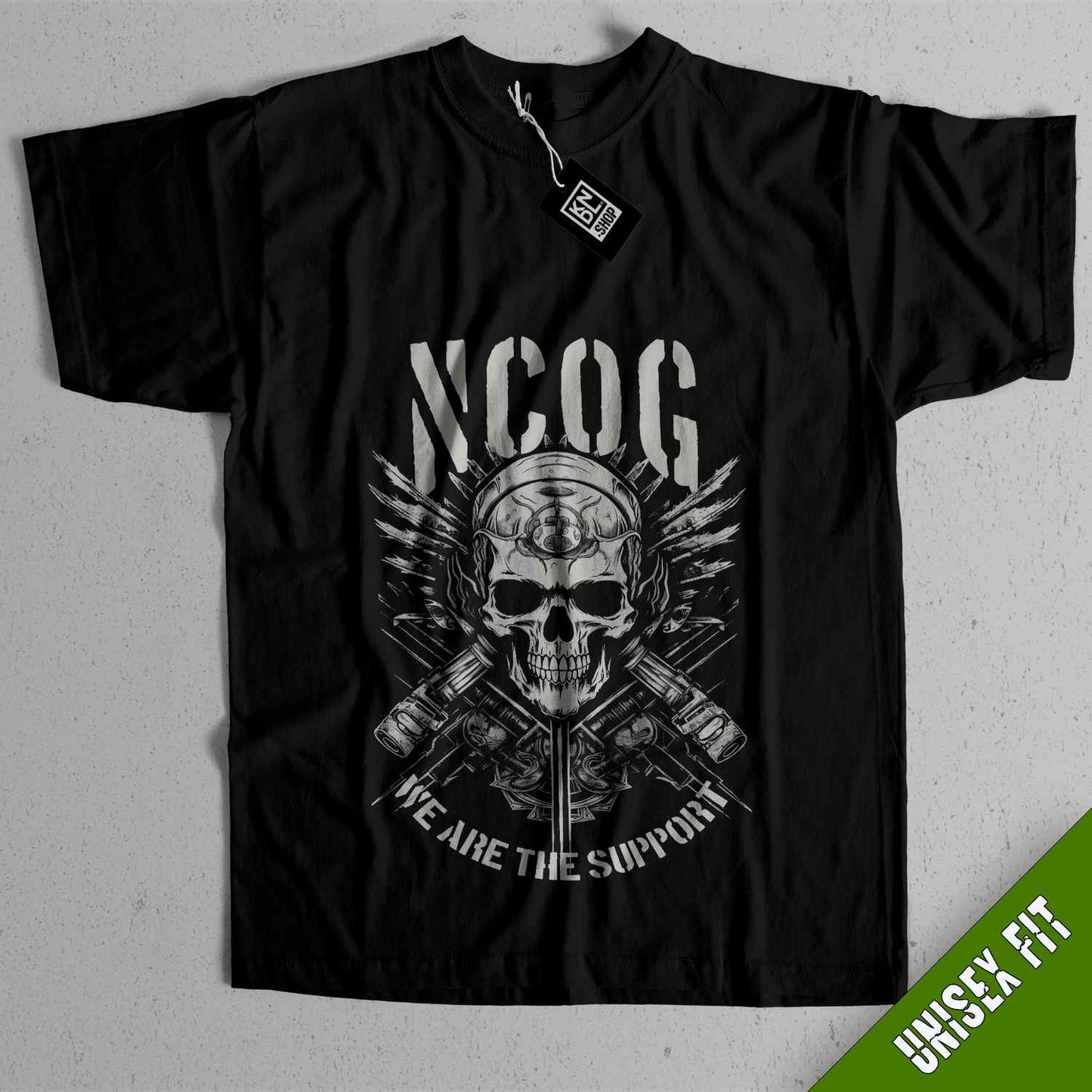 a black t - shirt with a skull and crossed swords on it