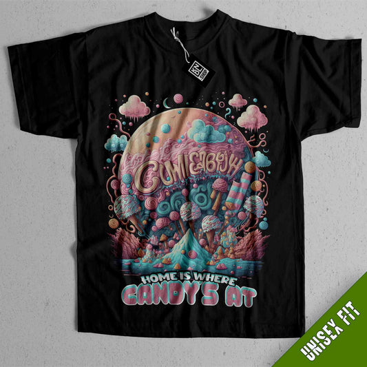 a black t - shirt with the words, home is where candy is