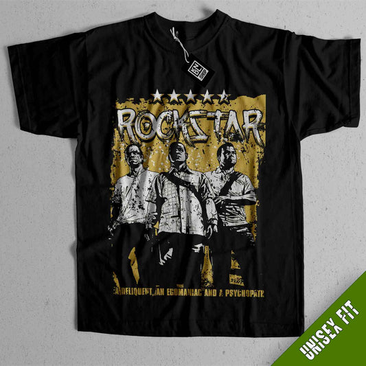 a black t - shirt with a picture of three men on it