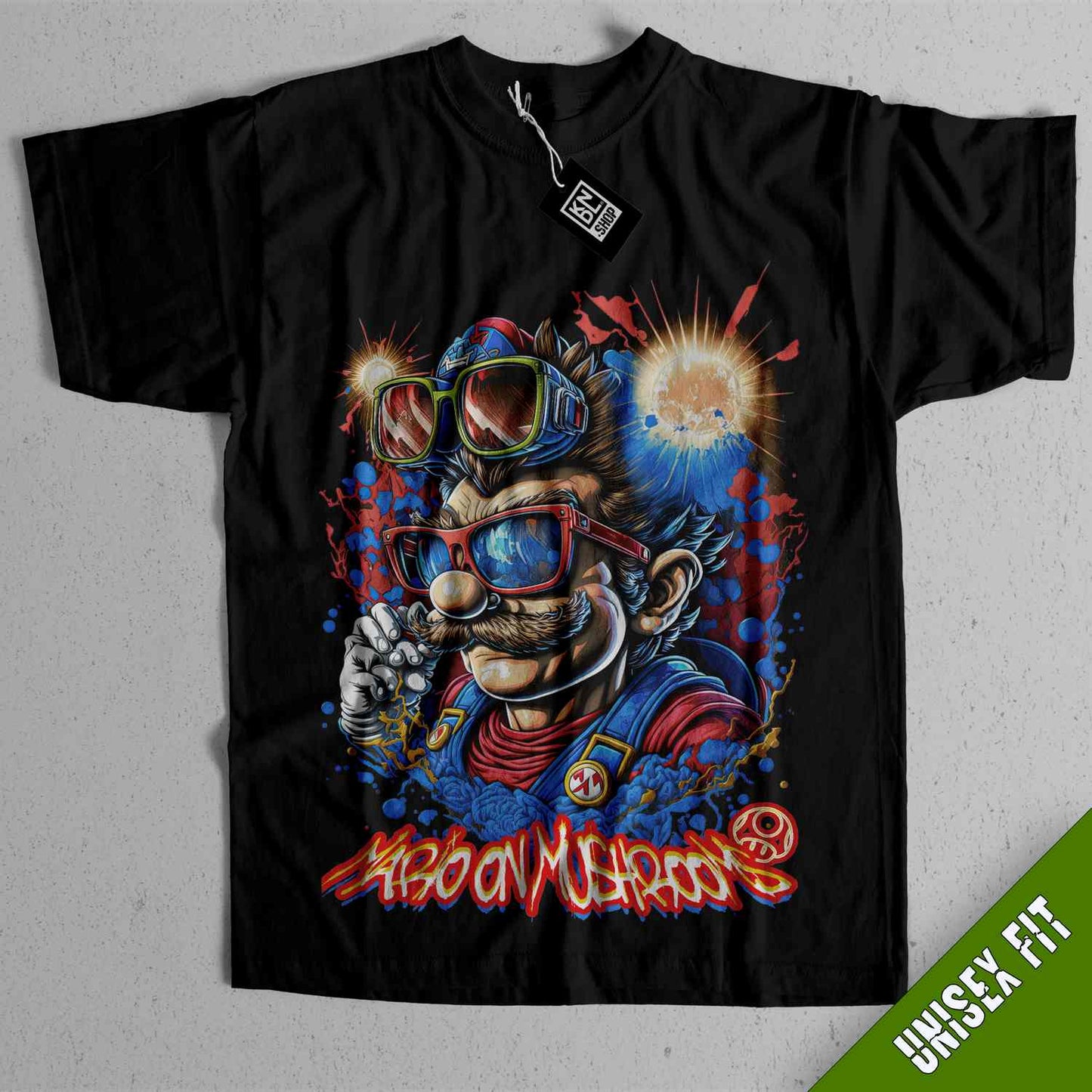 a black shirt with an image of a man wearing goggles