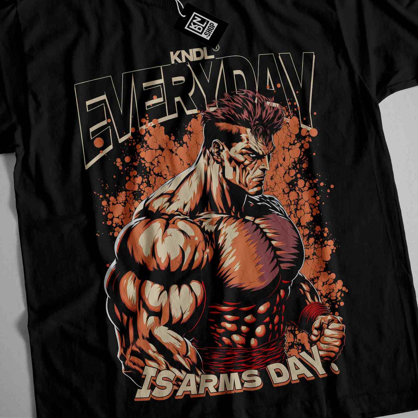 a black shirt with an image of a muscular man