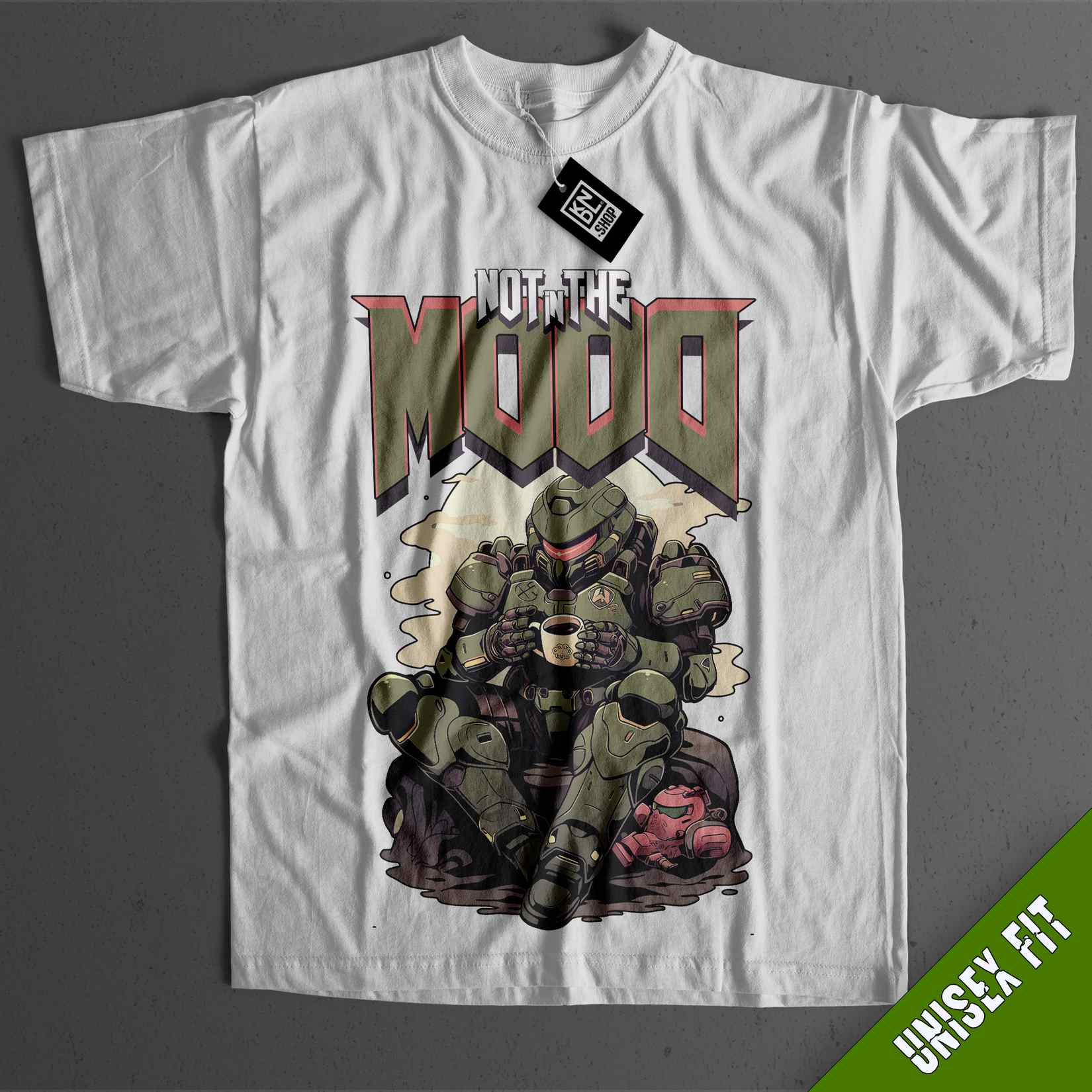 a white t - shirt with a picture of a group of people on it