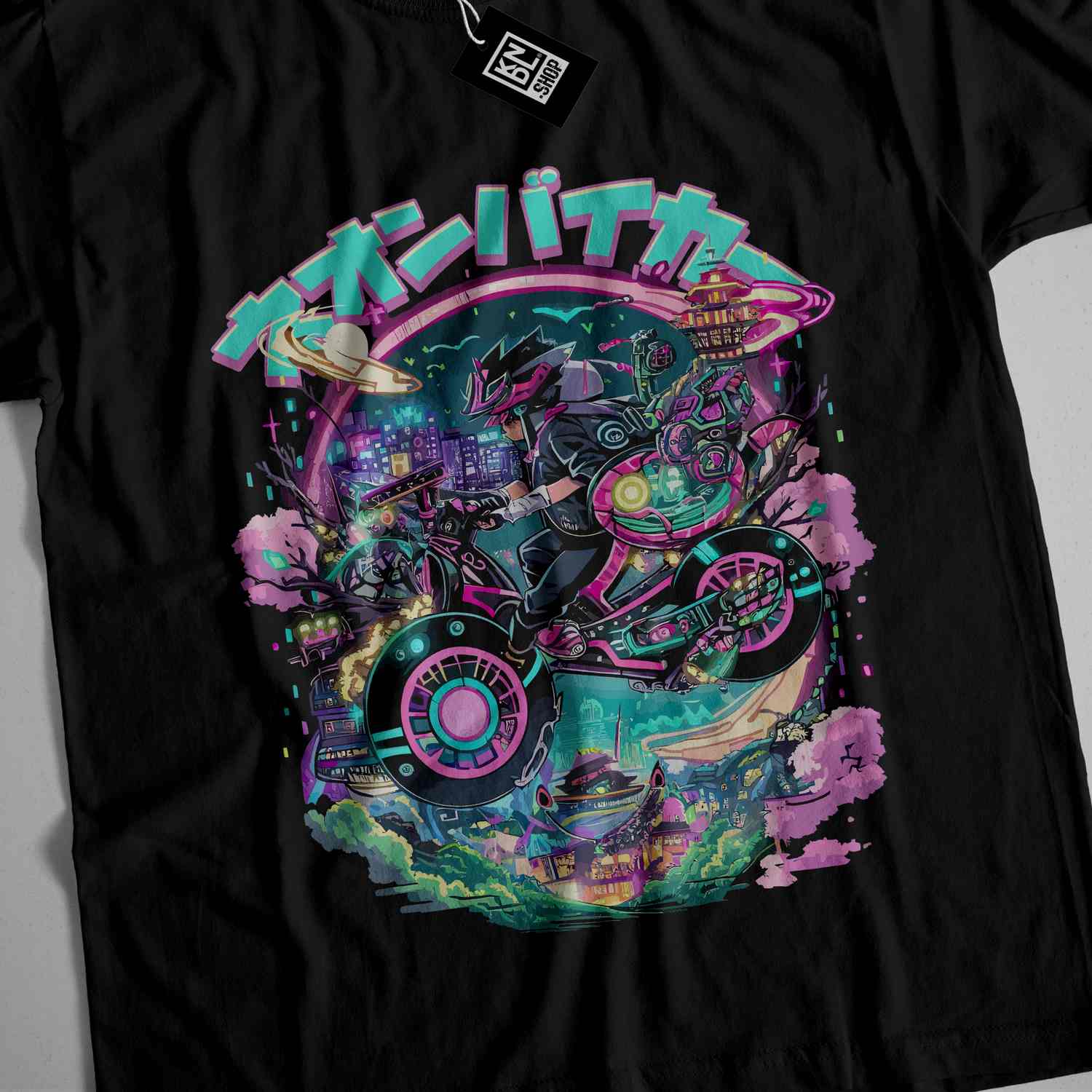 a black t - shirt with an image of a cat riding a motorcycle