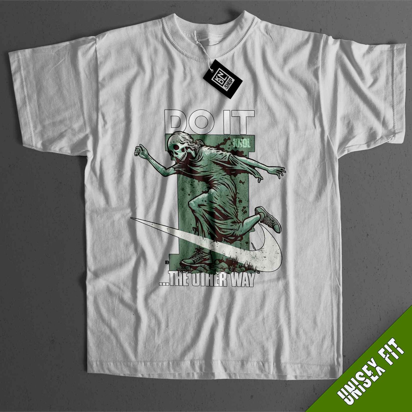 a white t - shirt with a picture of a skeleton on it