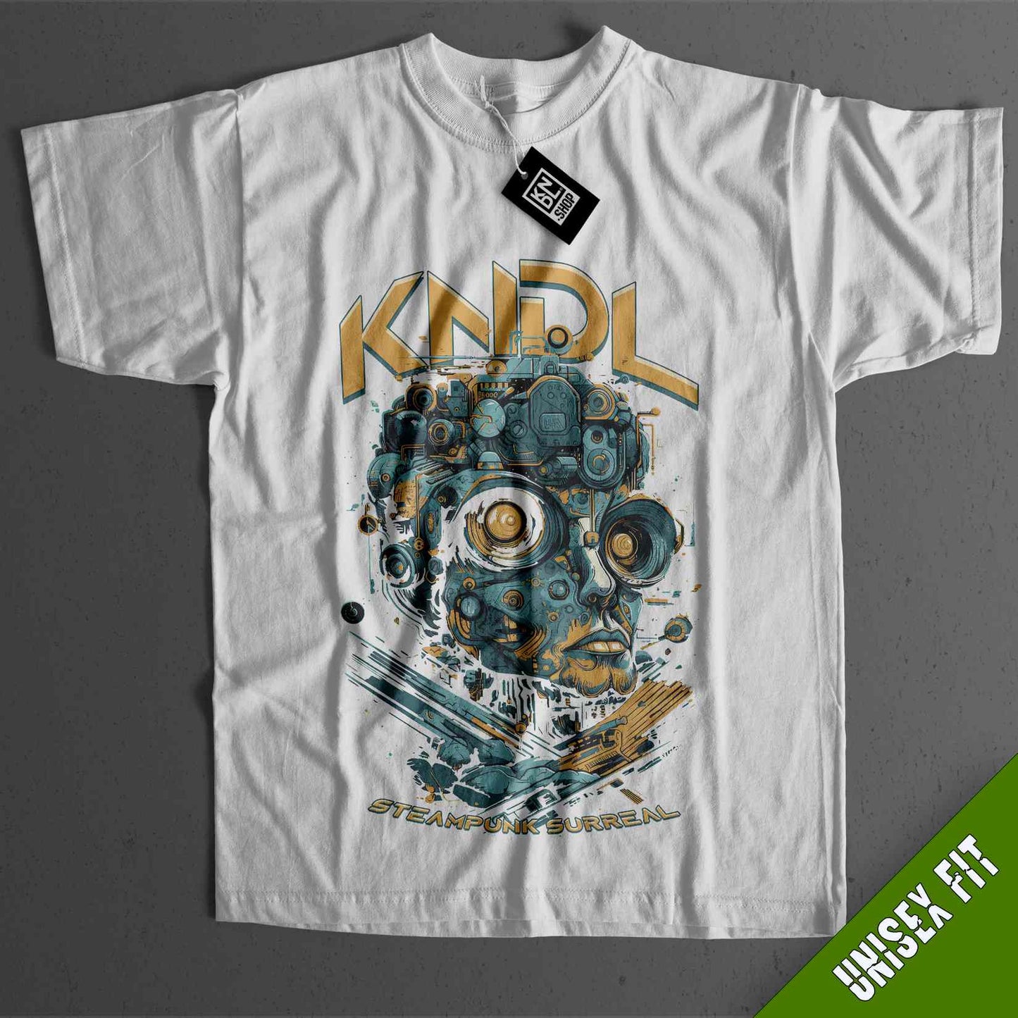 a white t - shirt with an image of a robot on it