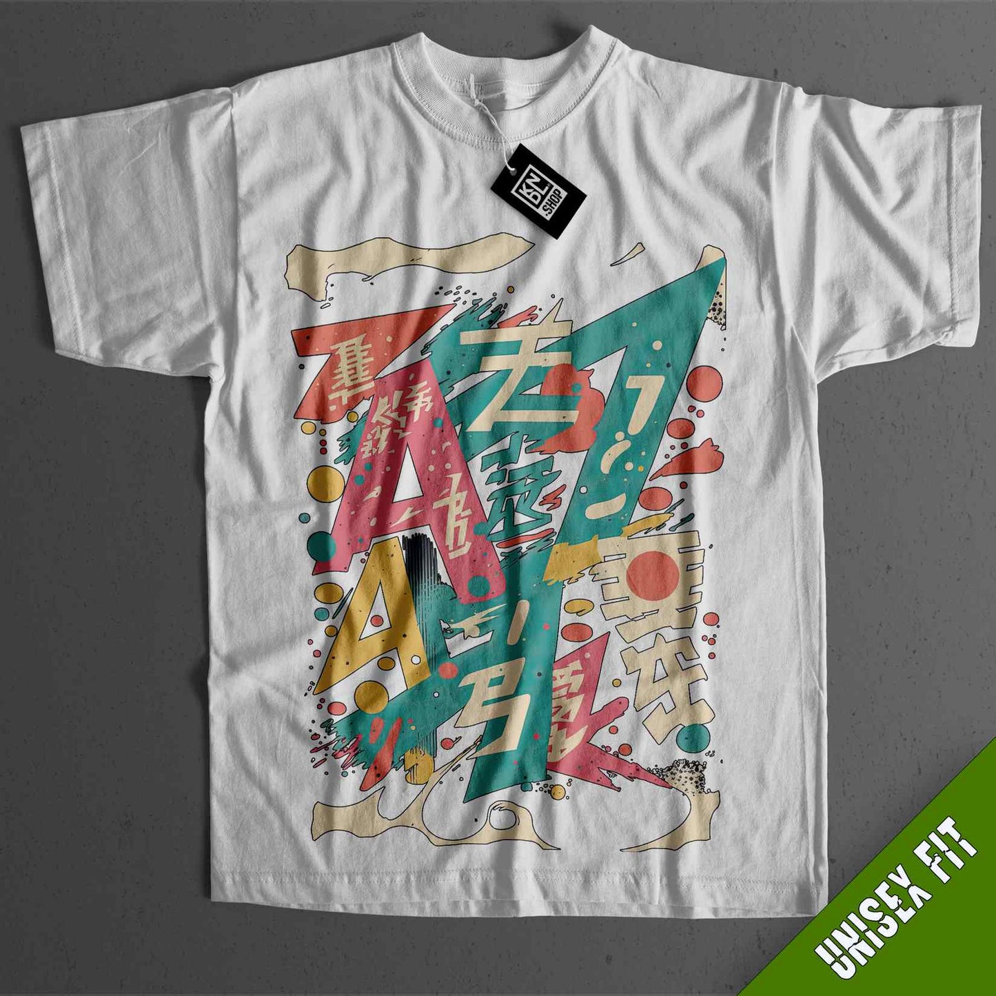 a white t - shirt with a colorful design on it