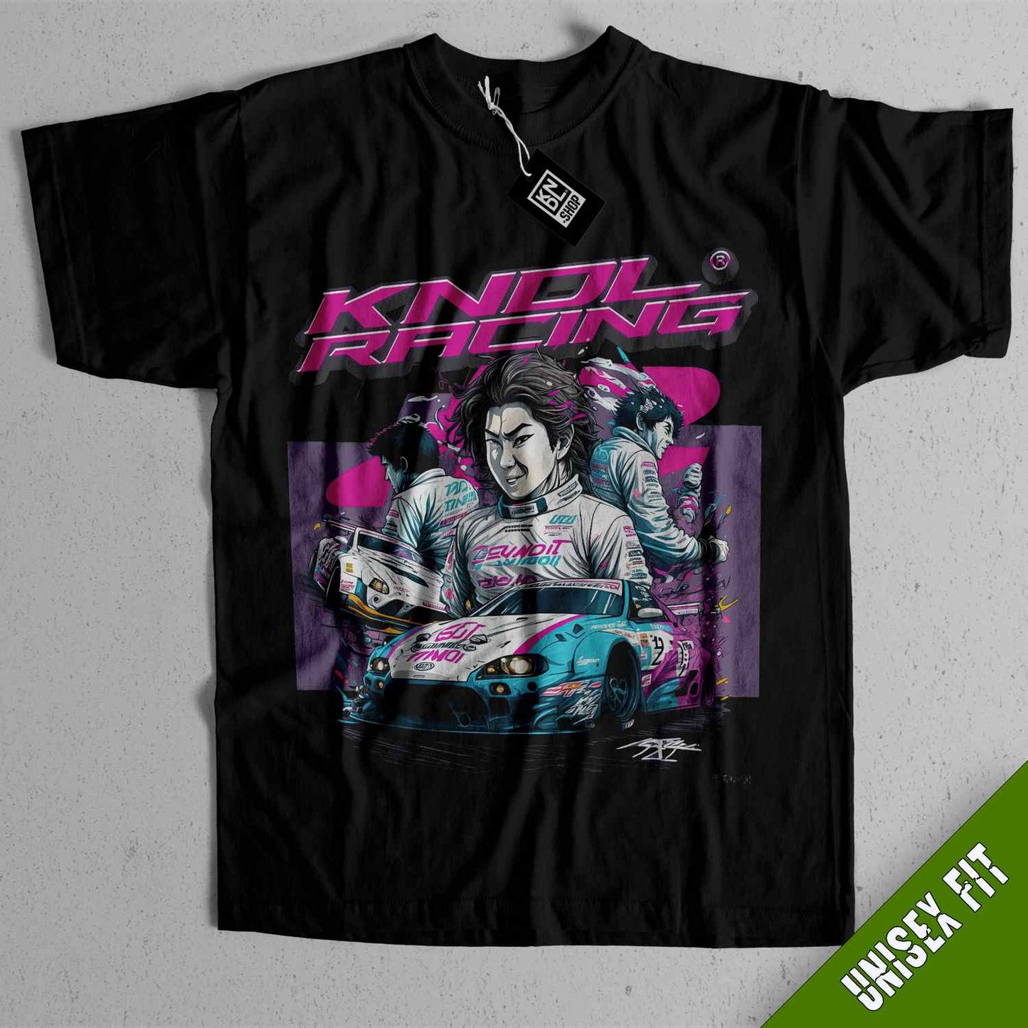 a black t - shirt with a picture of a man driving a car