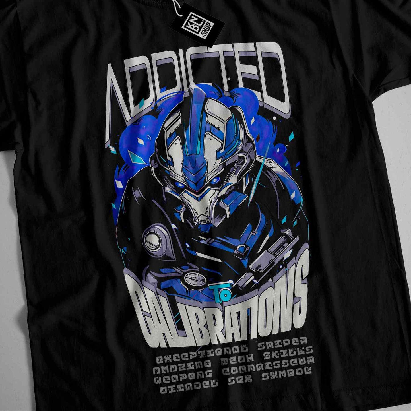 a black t - shirt with an image of a robot on it
