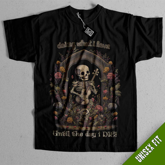 a black t - shirt with a skeleton on it