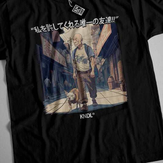 a t - shirt with an image of a man walking a dog