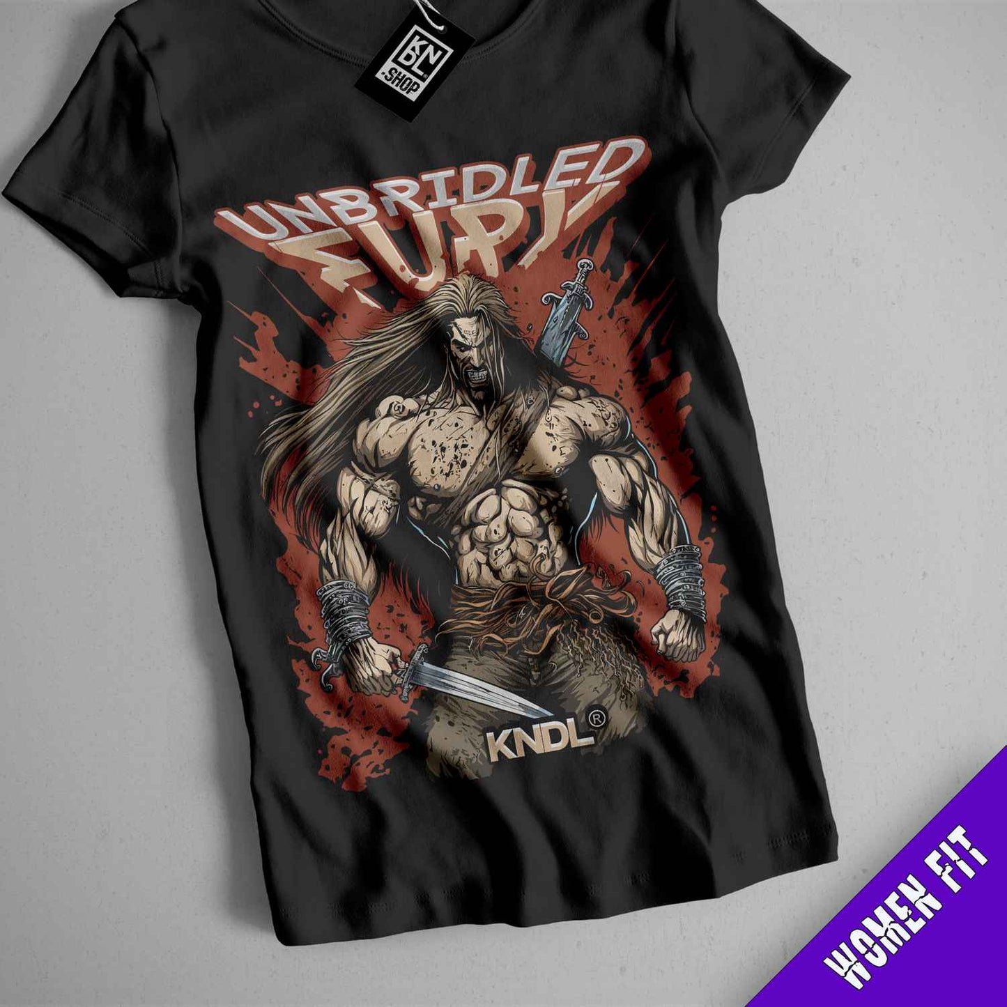 a black shirt with a picture of a man holding a knife