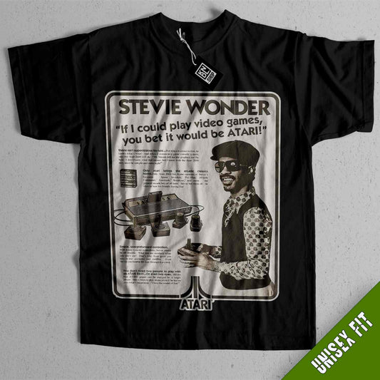 a black t - shirt with a picture of a man holding a video game controller