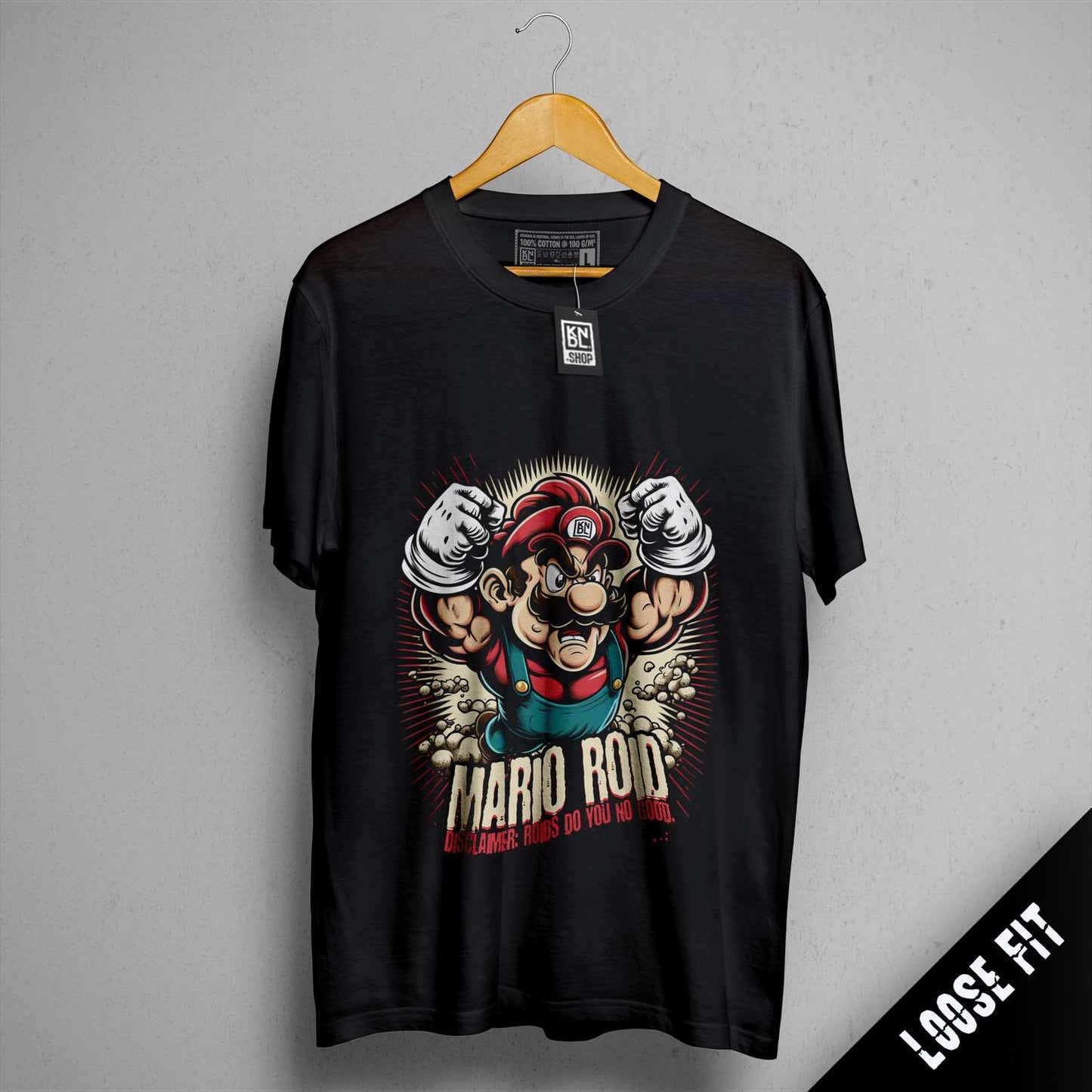 a black t - shirt with a cartoon character on it