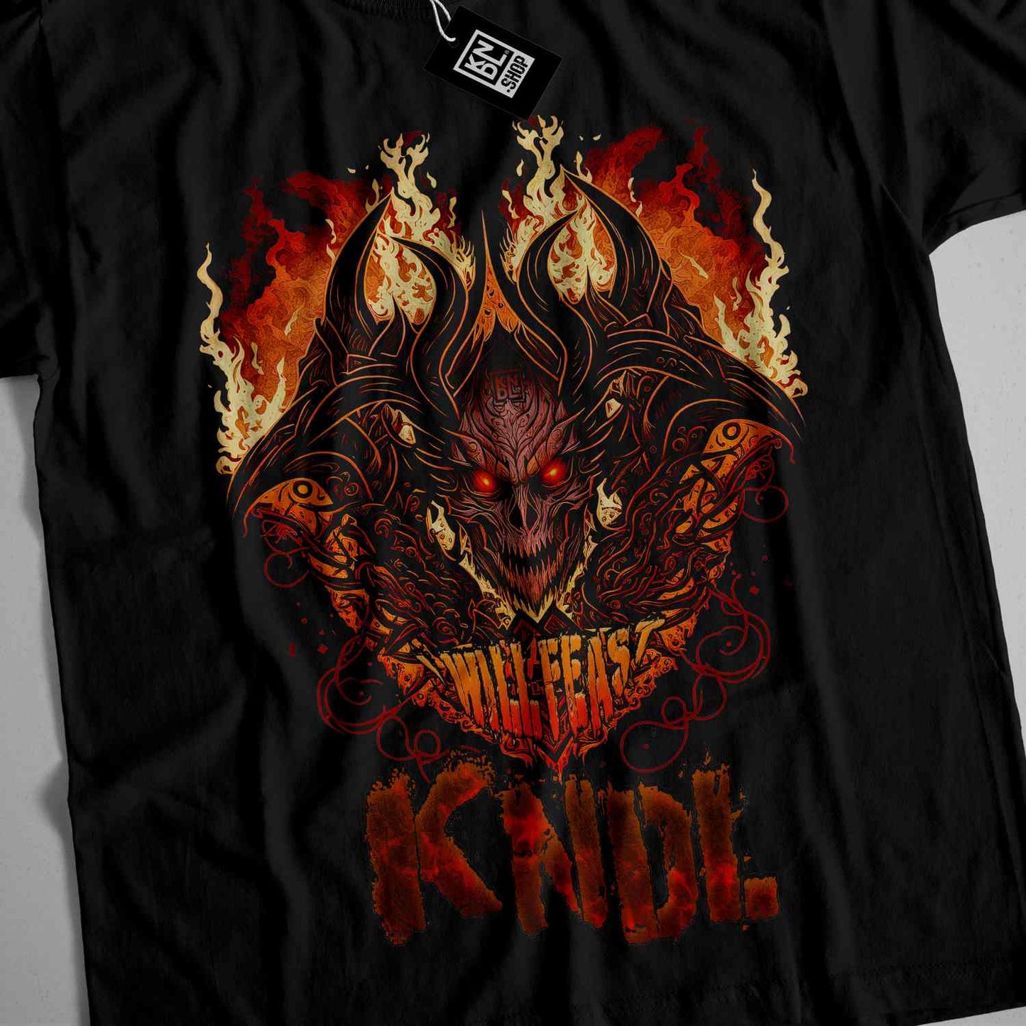 a black t - shirt with an image of a demon on it