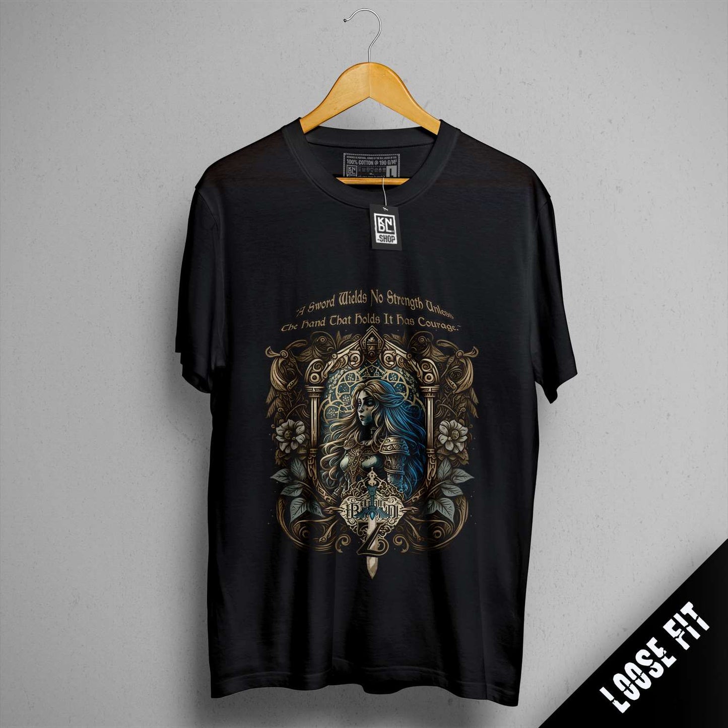 a black t - shirt with a picture of a woman on it