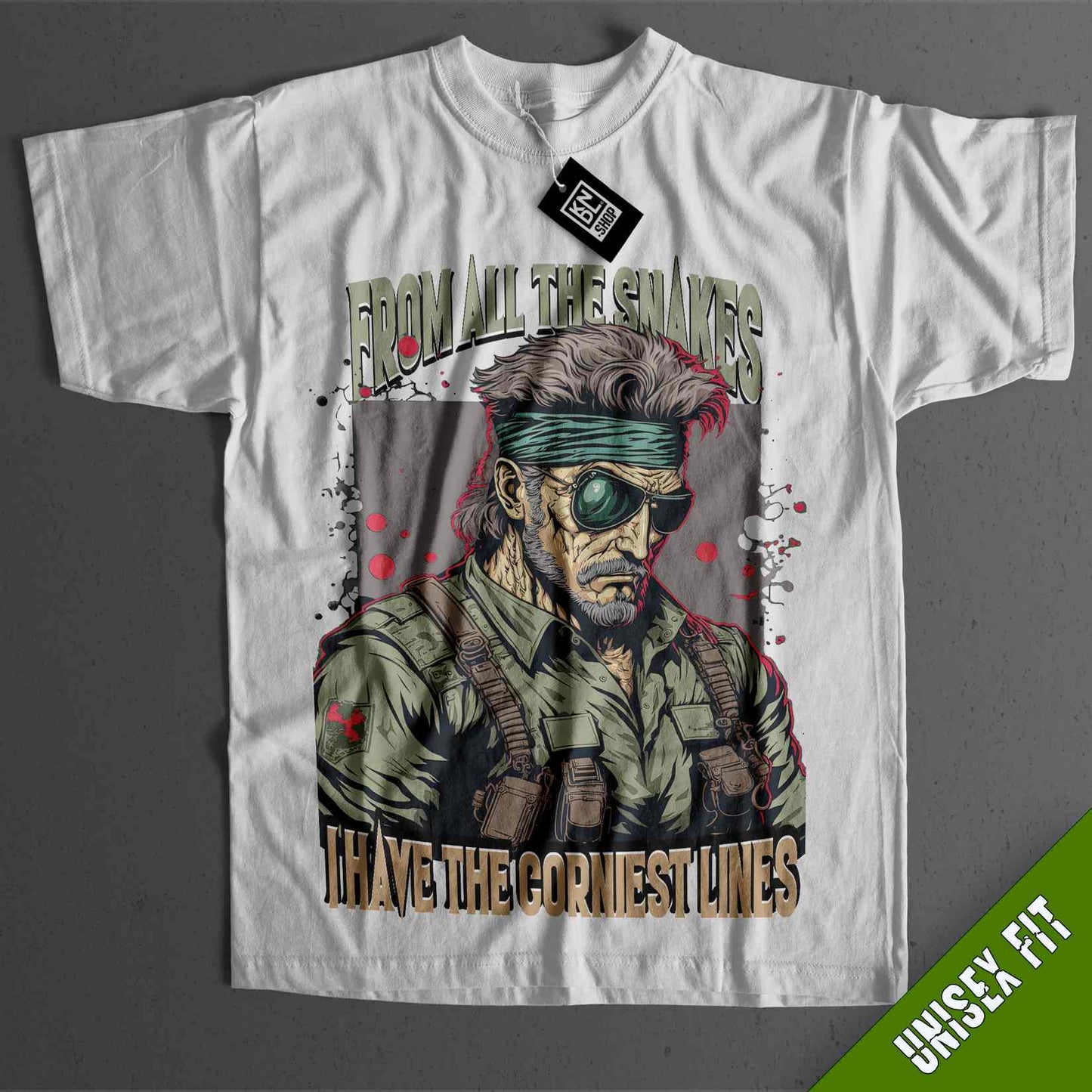 a white t - shirt with an image of a soldier