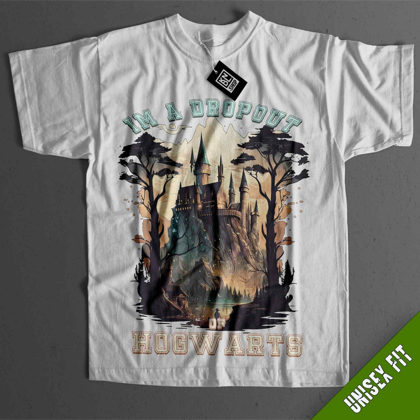 a white t - shirt with a hogwarts castle on it