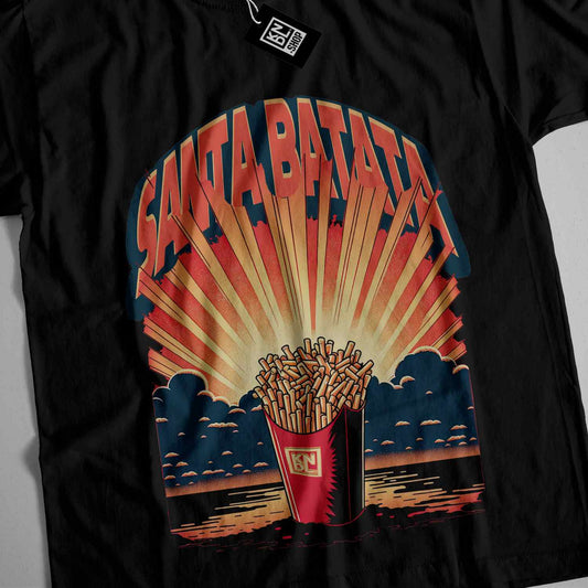 a black shirt with a picture of a bucket of fries