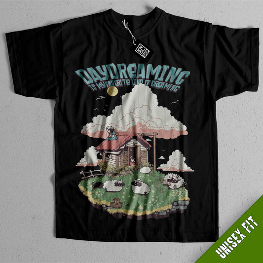 a black shirt with a picture of a house and clouds