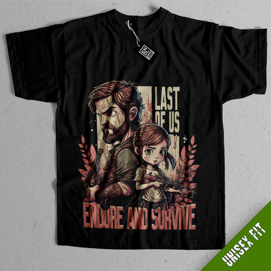 a black shirt with a picture of a man and a woman holding guns