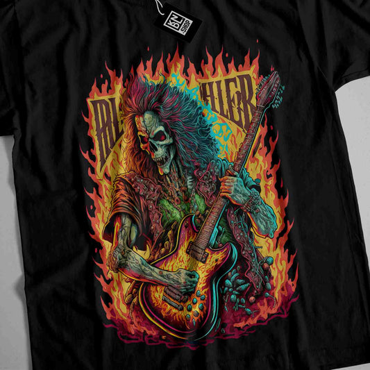 a black shirt with a skeleton playing a guitar