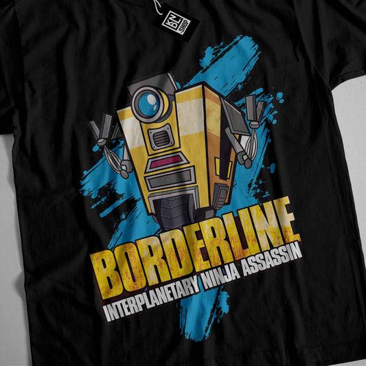 a black t - shirt with a robot on it