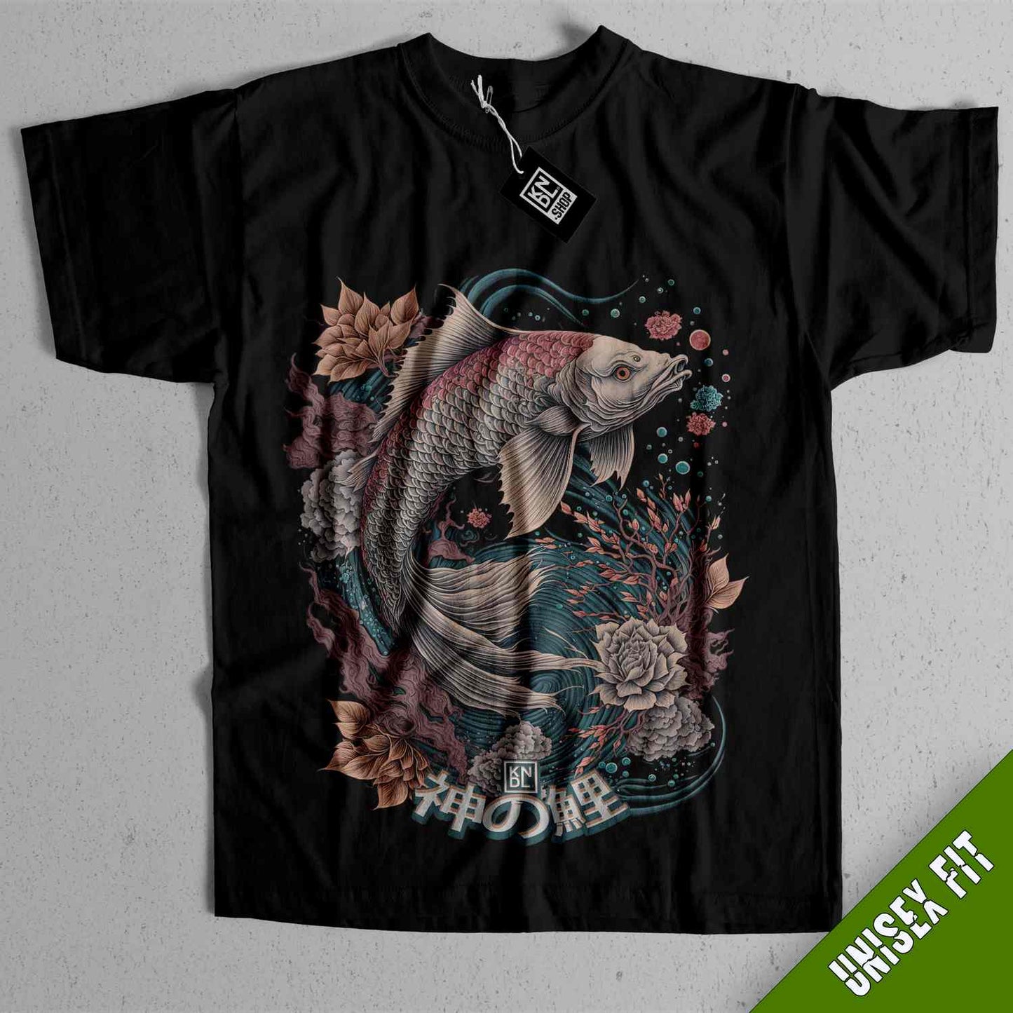 a black t - shirt with an image of a fish on it