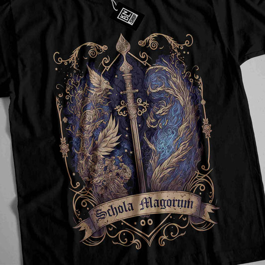 a black t - shirt with an image of two swords