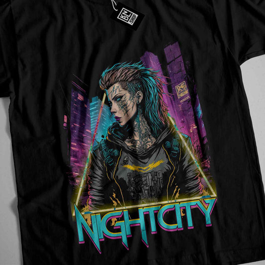 a black t - shirt with a picture of a woman with blue hair