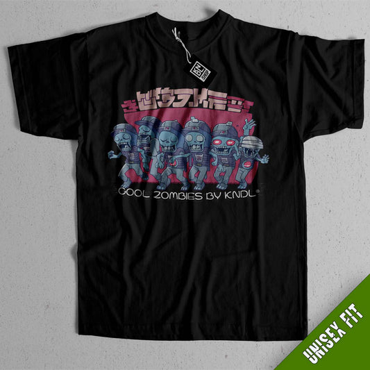 a black shirt with a group of zombies on it