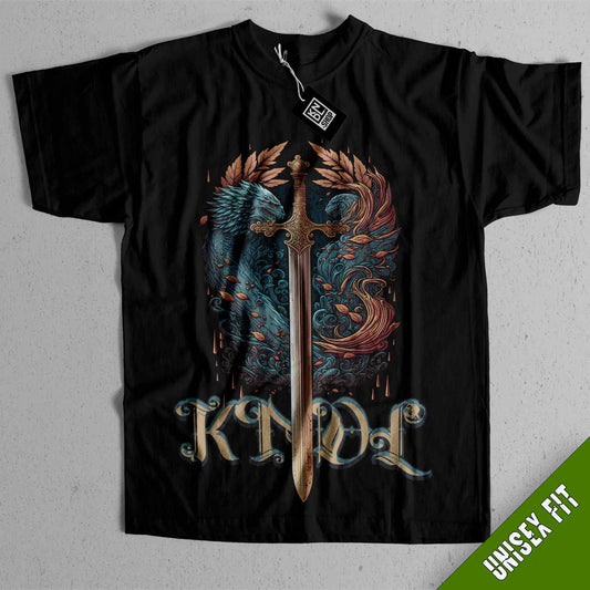 a black shirt with a sword and wings on it