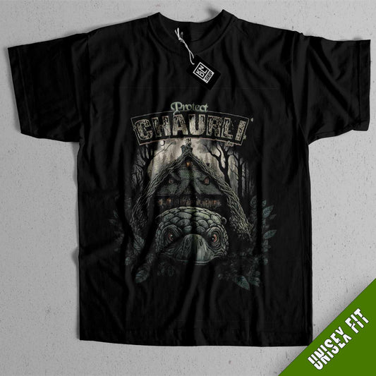 a black t - shirt with a picture of a house in the woods