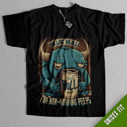 a black t - shirt with an image of a bull drinking beer