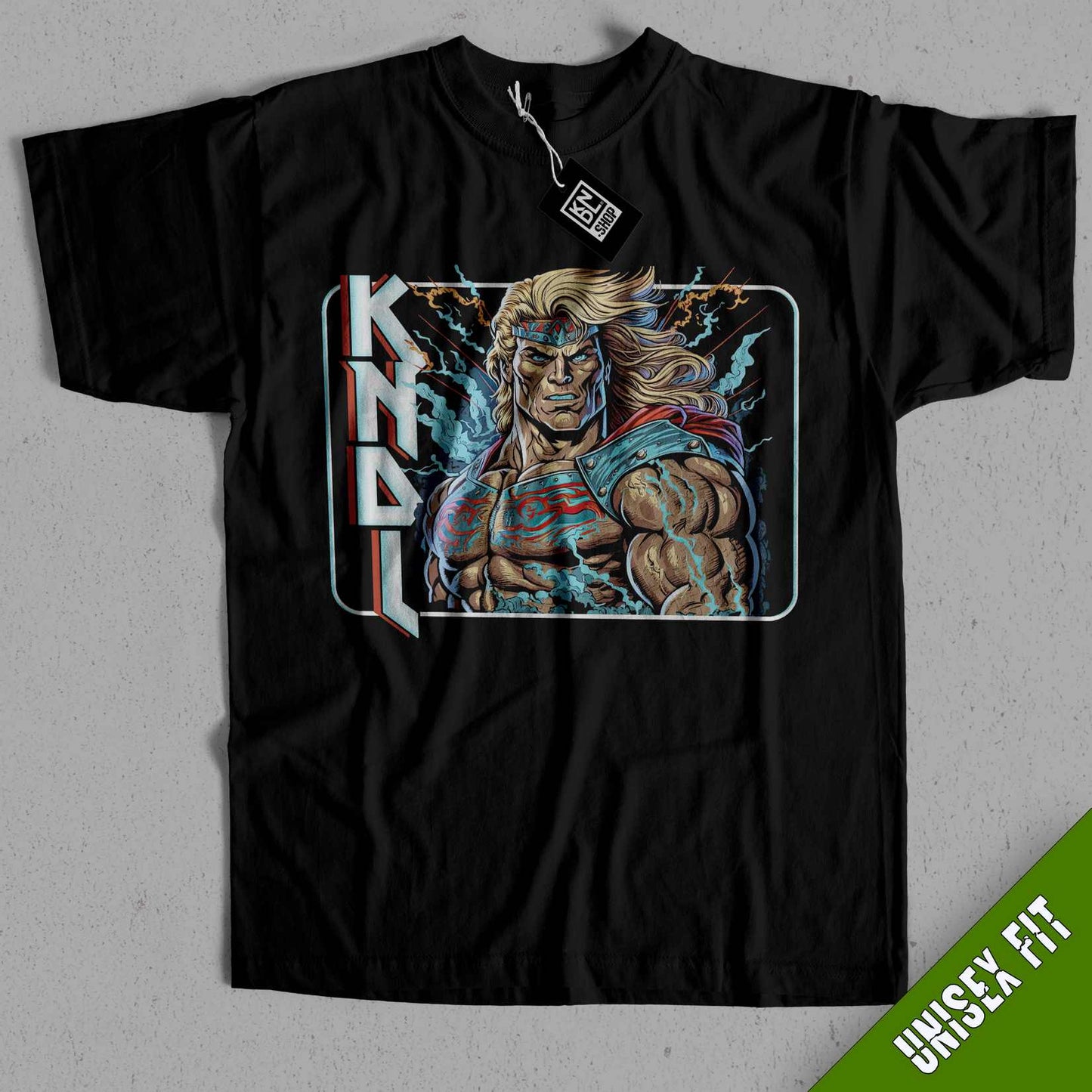a black t - shirt with a picture of a man holding a fist