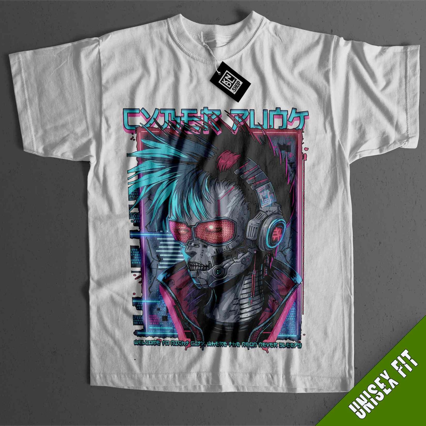 a white t - shirt with an image of a skeleton wearing headphones