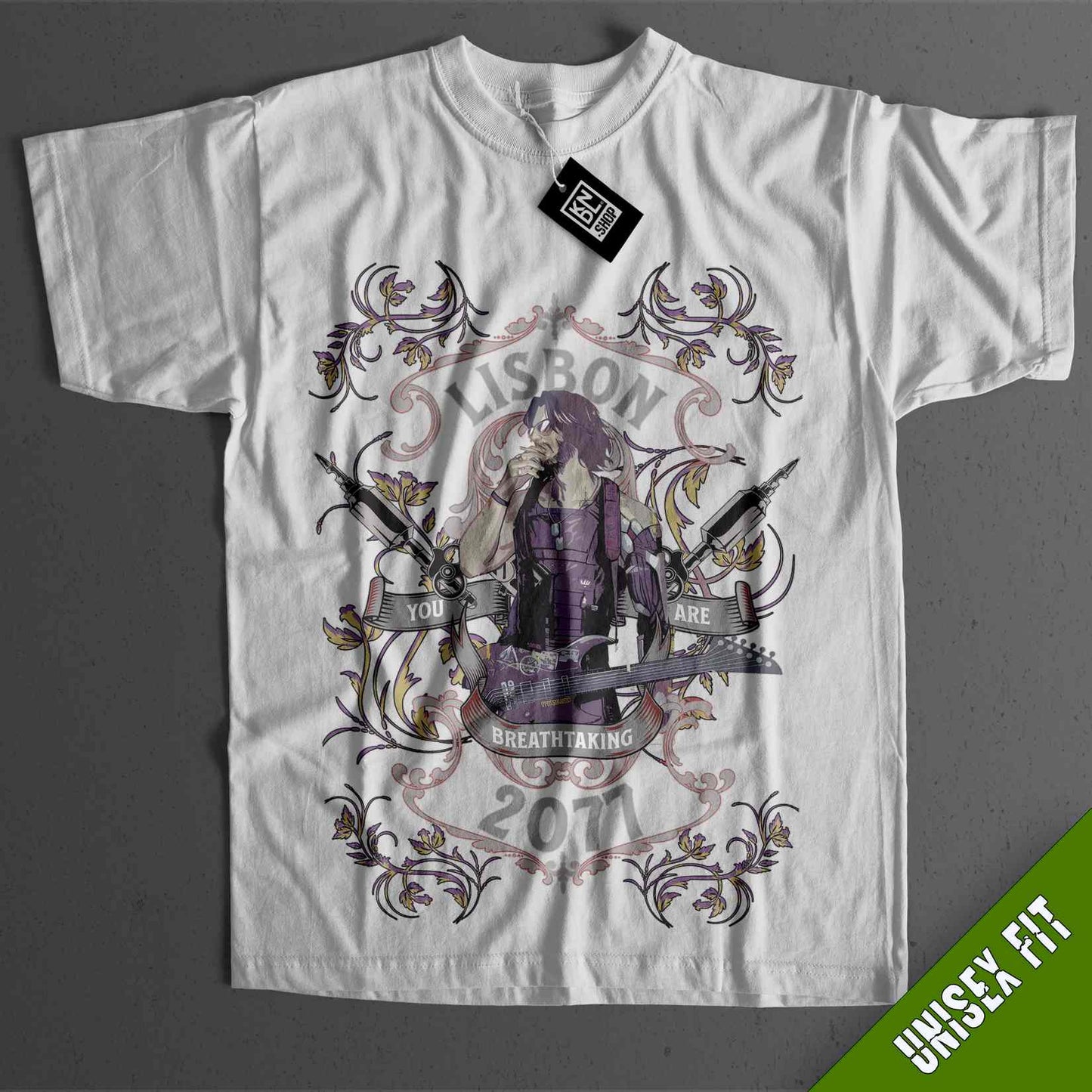 a white t - shirt with an image of a woman holding a sword