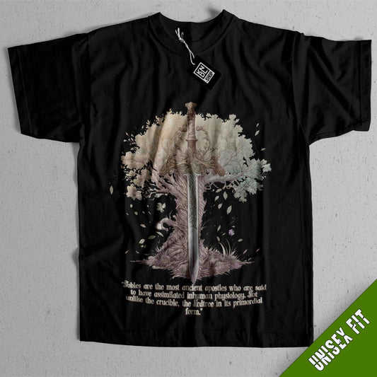 a black t - shirt with a picture of a man holding a sword