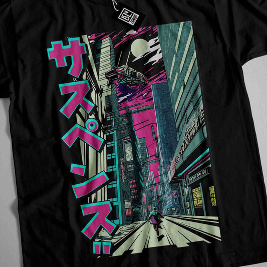 a black t - shirt with a picture of a man walking down a city street