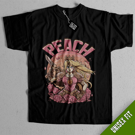 a black t - shirt with the words peach on it