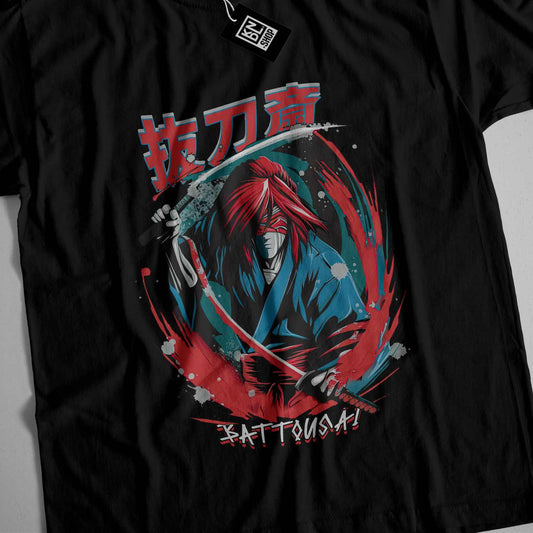a black shirt with a picture of a man holding a sword