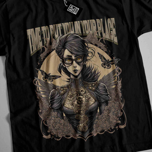 a black t - shirt with a picture of a woman holding a gun
