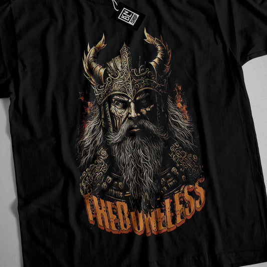 a black t - shirt with an image of a viking