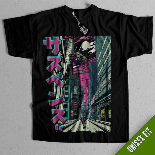 a black t - shirt with a picture of a man walking down a street