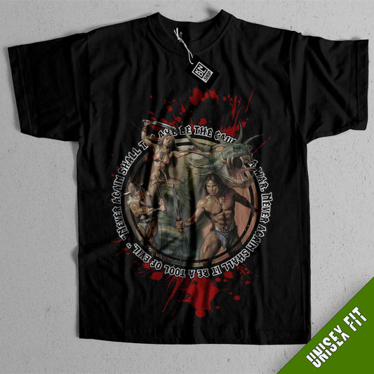 a t - shirt with a picture of two men on it