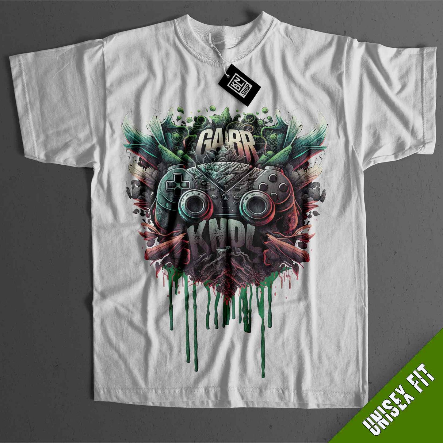 a white t - shirt with a green and red design on it