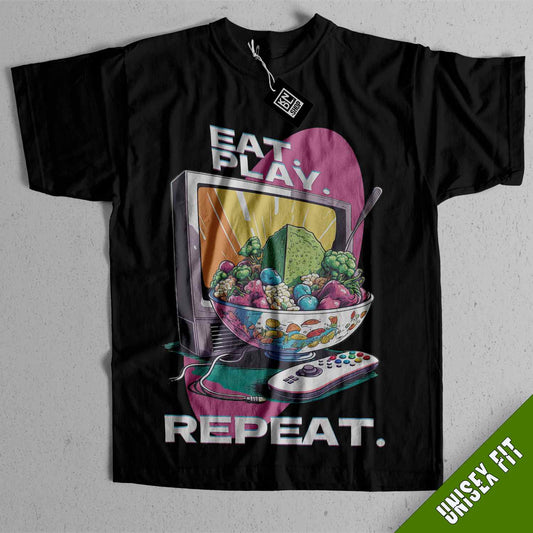 a black t - shirt with a picture of a bowl of fruit on it