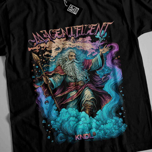 a black t - shirt with an image of a wizard on it